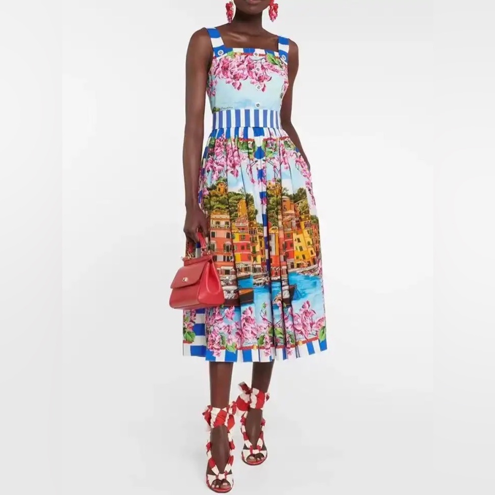 Lena Vie Boutique Drop Capri Retro Print High Waisted MIDI A Line Dress With Tie